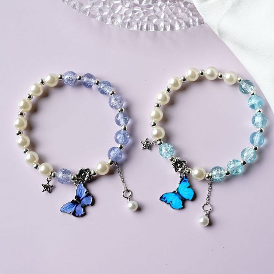 Geometric Butterfly Pendant Crystal Round Bead Bracelet Natural Pearl Beaded Bracelet for Women