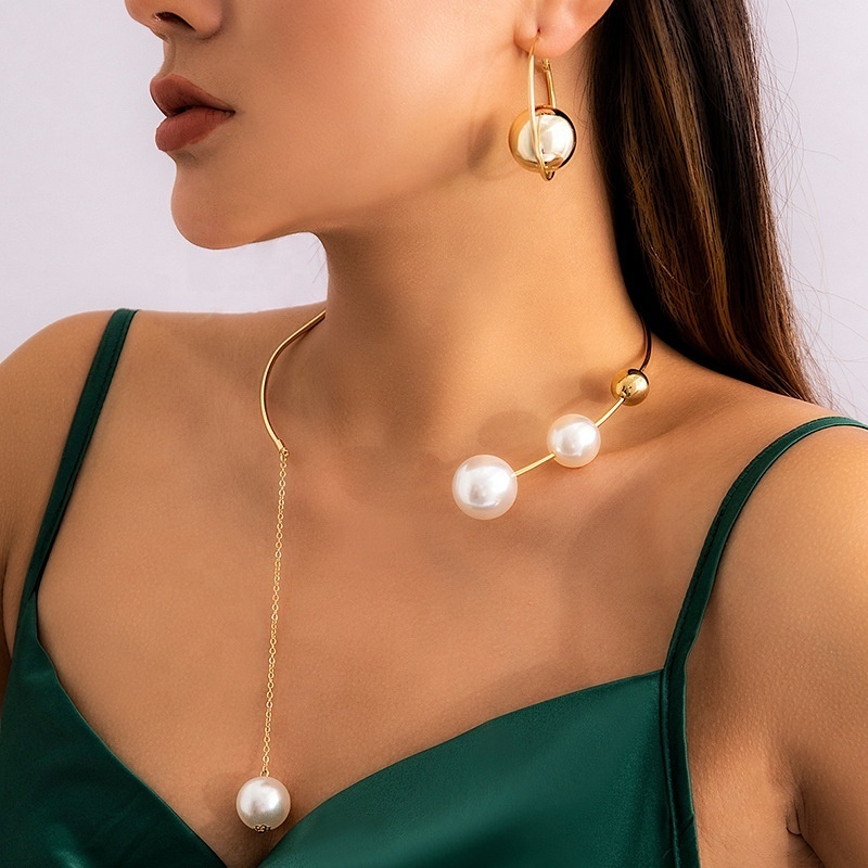 2023 New Arrival Simple Geometric Round Bead Collarbone Chain Design Choker Collar Open Collar Pearl Necklaces And Earrings Set