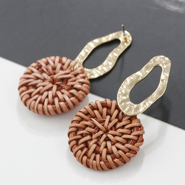 27 Style Korea Handmade Wooden Straw Braid Drop Earrings, Eco Wood Flower Bamboo Pearl Shell Rattan Earring For Women