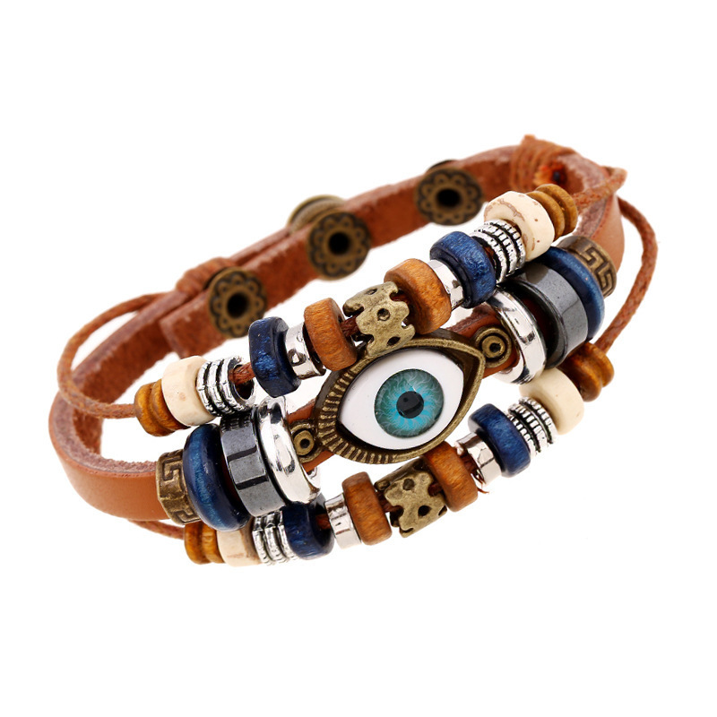 Vintage Wooden Beads Evil Eyes Snap Bracelet Adjustable Three Layers Evil Eyes Leather Cuff Bracelet