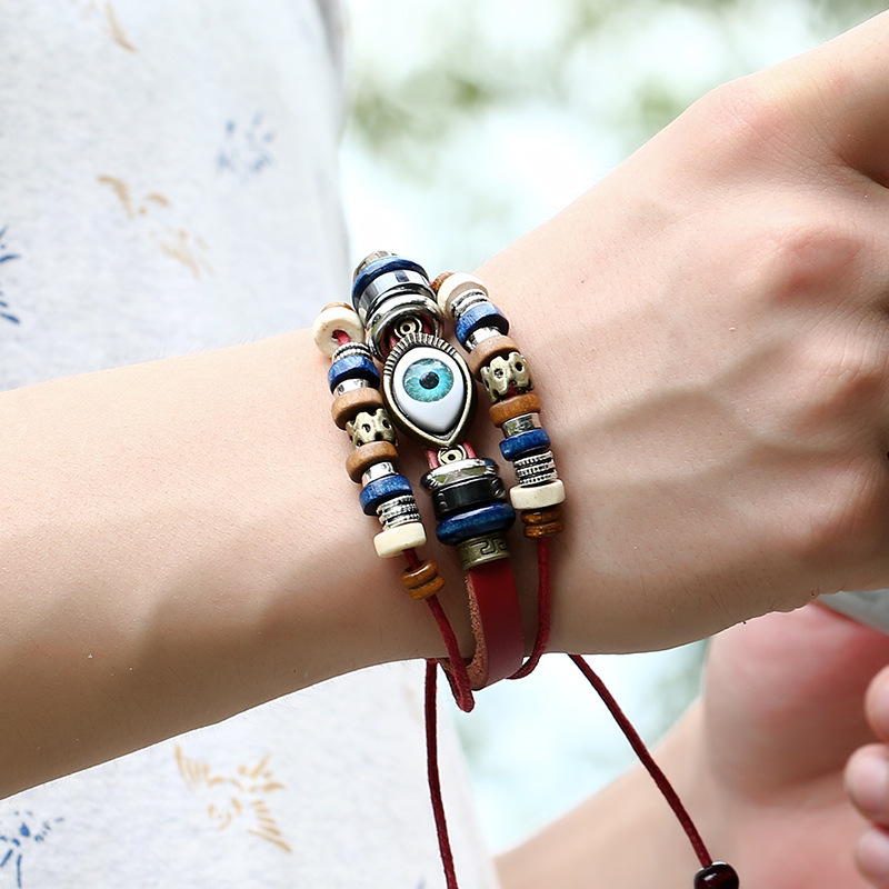 Vintage Wooden Beads Evil Eyes Snap Bracelet Adjustable Three Layers Evil Eyes Leather Cuff Bracelet