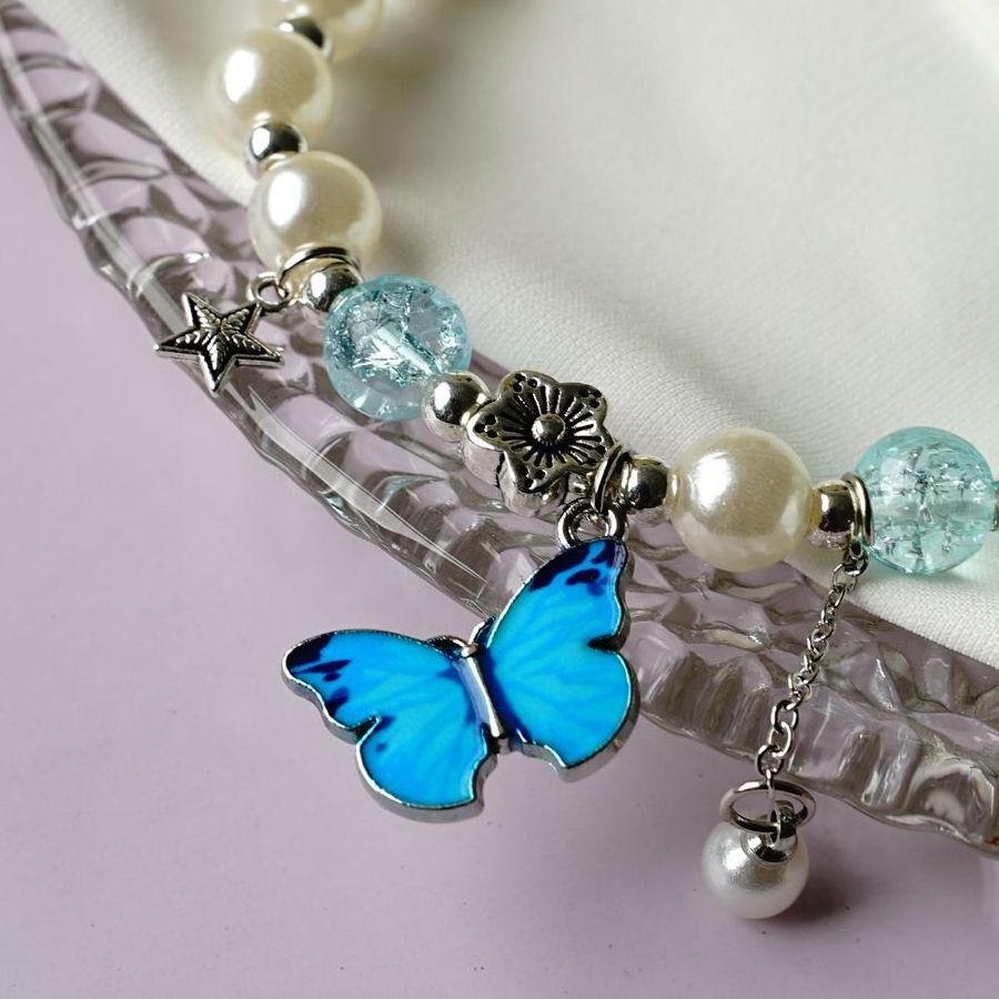 Geometric Butterfly Pendant Crystal Round Bead Bracelet Natural Pearl Beaded Bracelet for Women