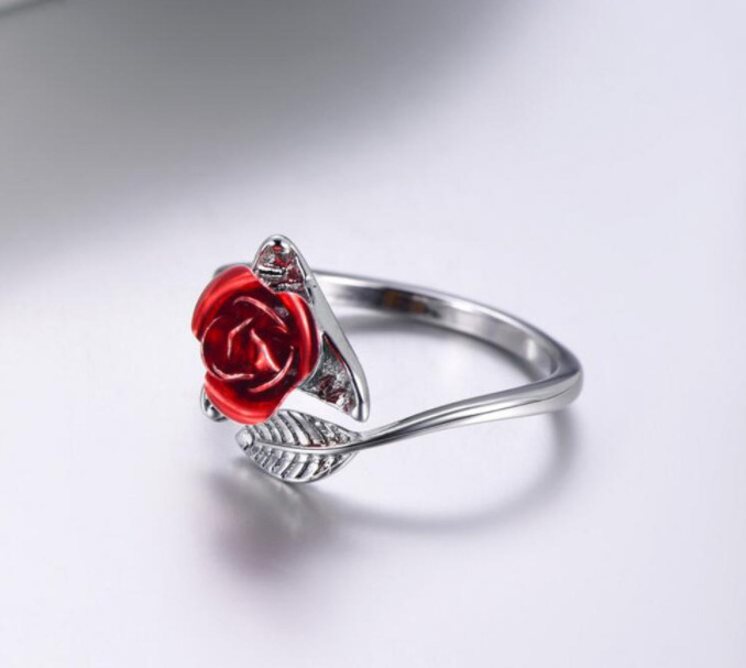 Adjustable Red Rose Flower Leaves Opening Ring Rhinestone Flowers Adjustable Finger Ring Valentine's Day  For Women