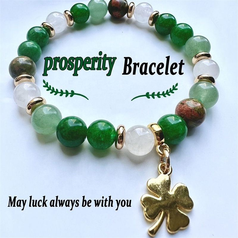 New St. Patrick's Day 8mm Natural Green Aventurine Lucky Four Leaf Clover Bead Stretch Bracelet For Women