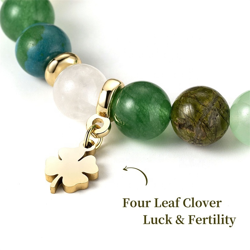 New St. Patrick's Day 8mm Natural Green Aventurine Lucky Four Leaf Clover Bead Stretch Bracelet For Women