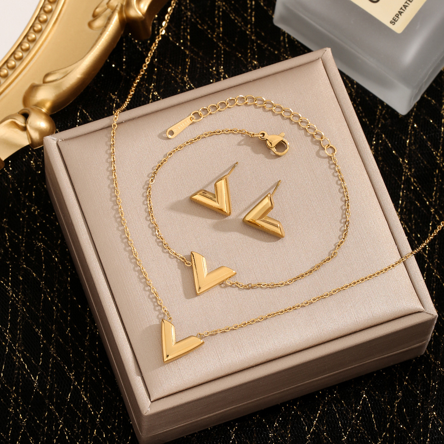 18k Gold Plated Stainless Steel Classic V-Shape Pendant Necklace Earrings and Bracelet Jewelry Set