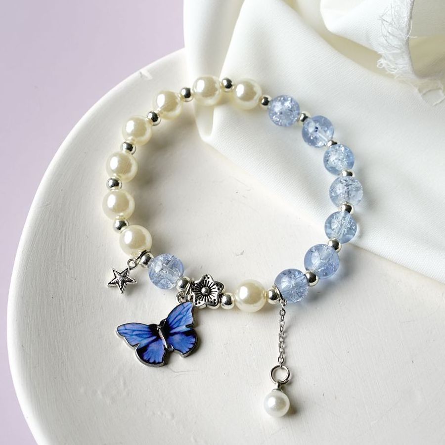 Geometric Butterfly Pendant Crystal Round Bead Bracelet Natural Pearl Beaded Bracelet for Women