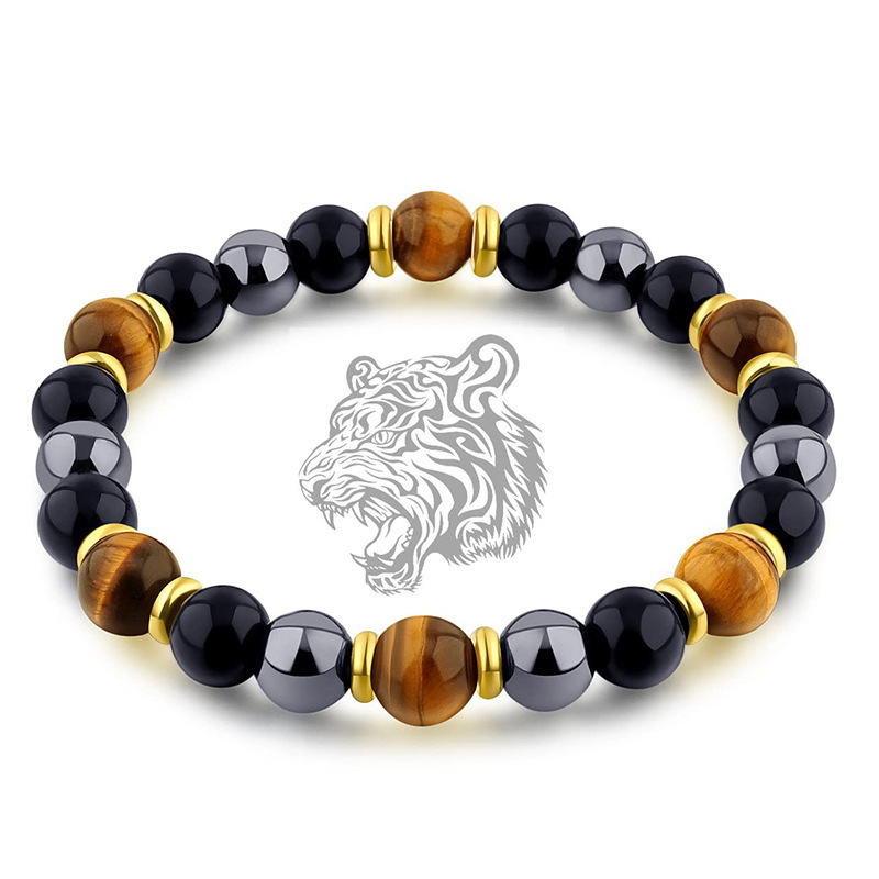 Gemstone Black Obsidian Hematite Elastic Healing Energy Magnetic Mens Tiger Eye Crystals Stone Triple Protection Bead Bracelet