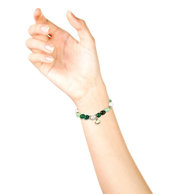 New St. Patrick's Day 8mm Natural Green Aventurine Lucky Four Leaf Clover Bead Stretch Bracelet For Women