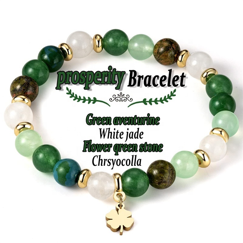 New St. Patrick's Day 8mm Natural Green Aventurine Lucky Four Leaf Clover Bead Stretch Bracelet For Women