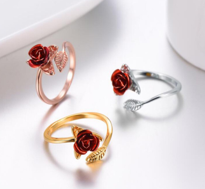 Adjustable Red Rose Flower Leaves Opening Ring Rhinestone Flowers Adjustable Finger Ring Valentine's Day  For Women