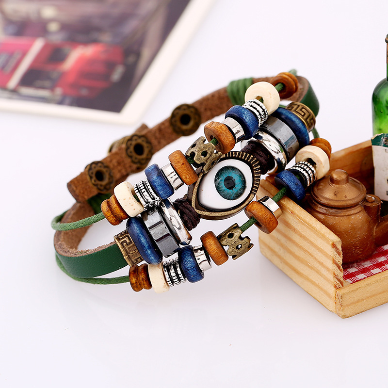 Vintage Wooden Beads Evil Eyes Snap Bracelet Adjustable Three Layers Evil Eyes Leather Cuff Bracelet