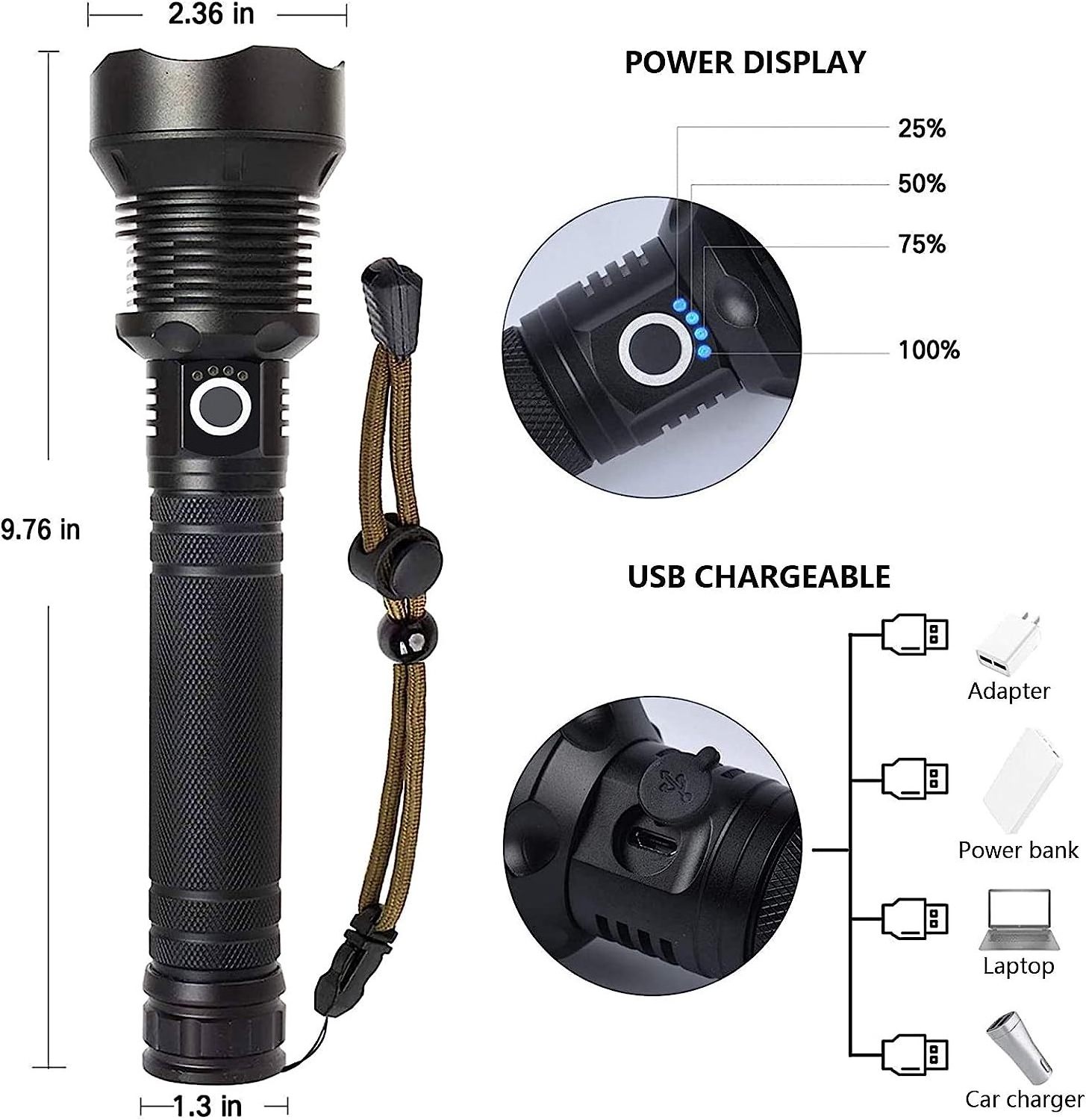 Powerful Lumens Waterproof Flash Torch Light USB Rechargeable Super Bright LED XHP70 Tactical Torchlight Flashlight With Zoom