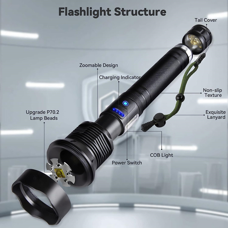 Super Bright XHP70 High Power Waterproof Flashlight Zoom Led Torch Tactical Aluminum Alloy Rechargeable Flashlight