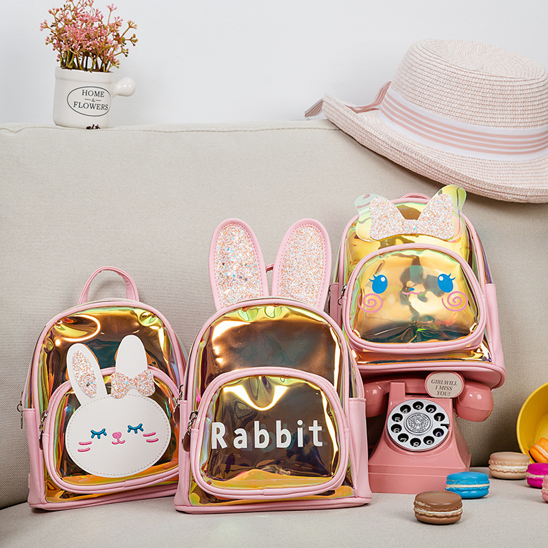 Rabbit cute cartoon mini backpack glitter transparent laser backpack for kid school bag