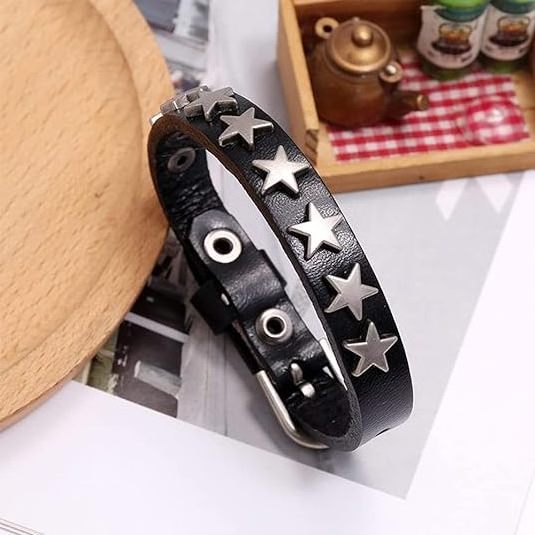 2 PCS Gothic Pentagram Studded Bracelet - Vintage Leather Star Wristband Cuff - Rock Wrist Strap Buckle Jewelry for Men