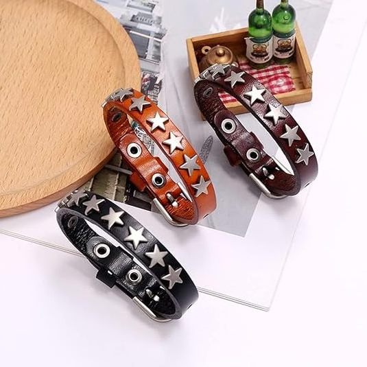 2 PCS Gothic Pentagram Studded Bracelet - Vintage Leather Star Wristband Cuff - Rock Wrist Strap Buckle Jewelry for Men