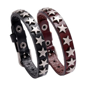 2 PCS Gothic Pentagram Studded Bracelet - Vintage Leather Star Wristband Cuff - Rock Wrist Strap Buckle Jewelry for Men