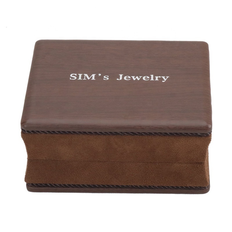 Customize LOGO Brown Suede Leather Wooden Jewelry Box For Double Ring Wedding