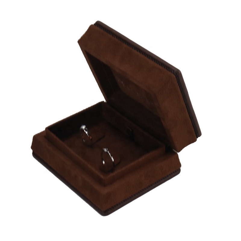 Customize LOGO Brown Suede Leather Wooden Jewelry Box For Double Ring Wedding