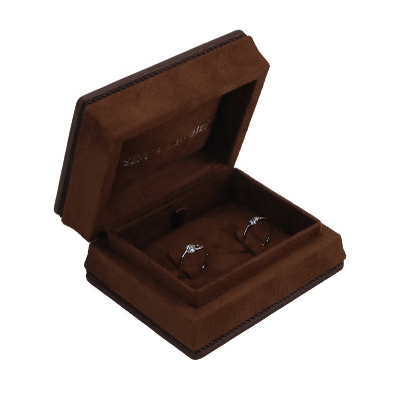 Customize LOGO Brown Suede Leather Wooden Jewelry Box For Double Ring Wedding