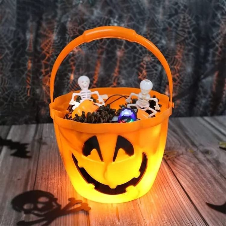 Pafu Halloween Party Decor Kids Jack O Lantern Trick or Treat Pail Light Up Halloween Pumpkin Bucket with Orange LED Handle