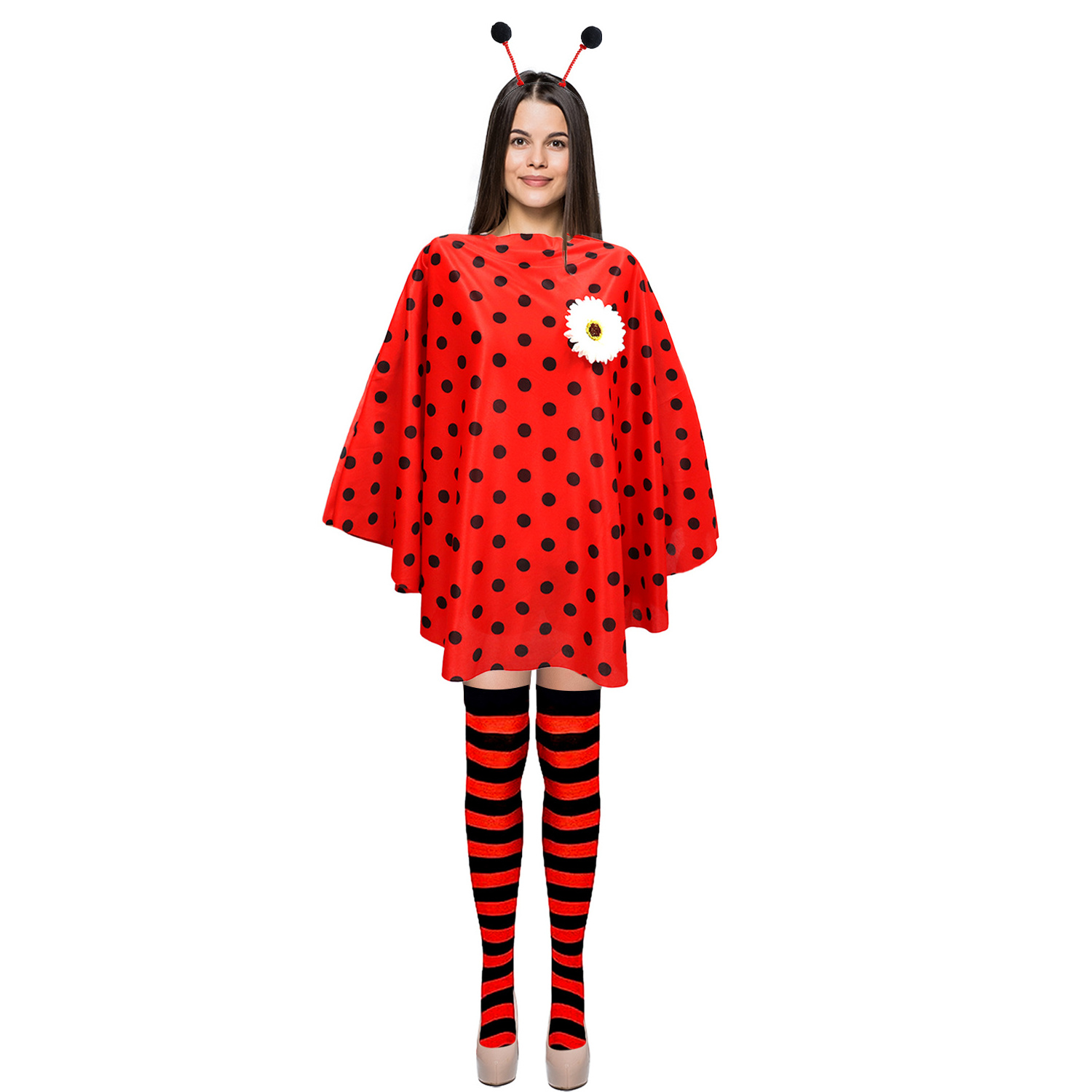 Pafu Halloween Cosplay Party Decoration Halloween Women Ladybug Costume Dress Poncho Headband Socks Ladybug Costume Set