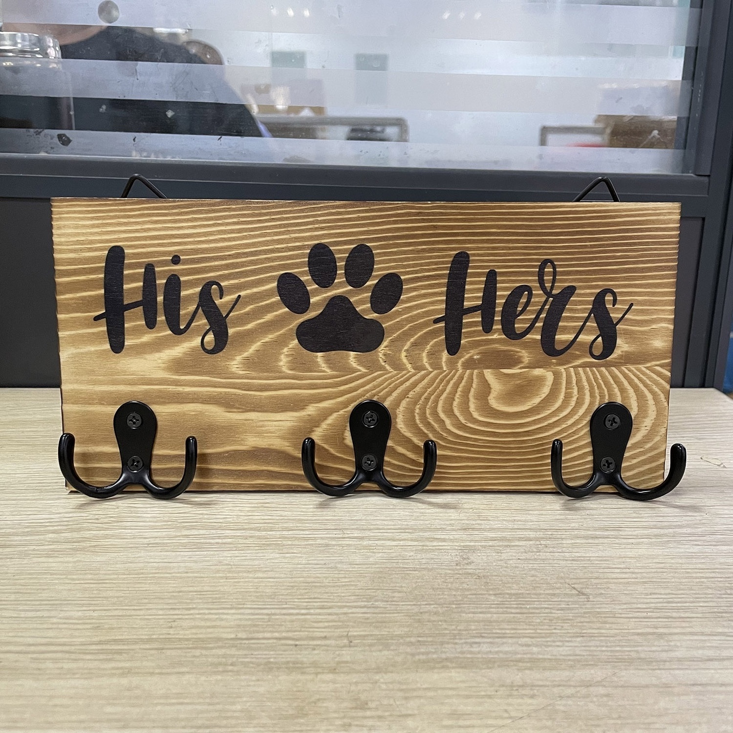 Rustic Wall Mounted Wood Dog Leash hook His Hers Paws Key Holder Hanger