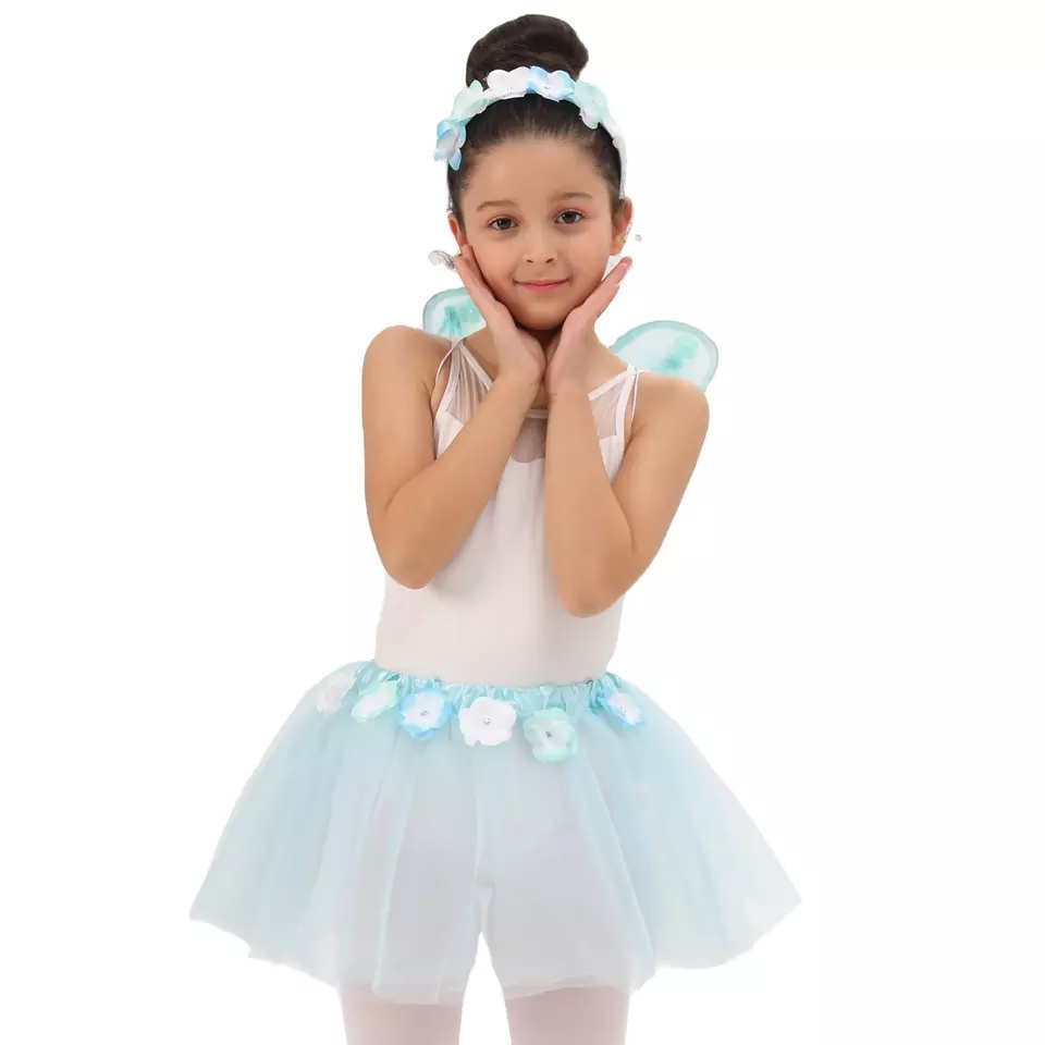 Kids Cyan Mesh Birthday Half Body Prom Skirt Waist Floral Ribbon Tutu Skirt Wings Carniral Wholesale Fairy Skirt Costume