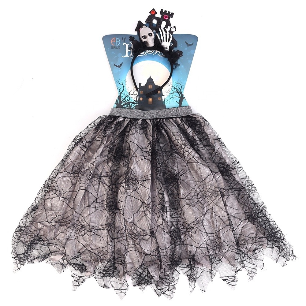 customized 2pck Halloween Spider Web tutu skirt horrible tombstone skull headband kids halloween costume dress kit