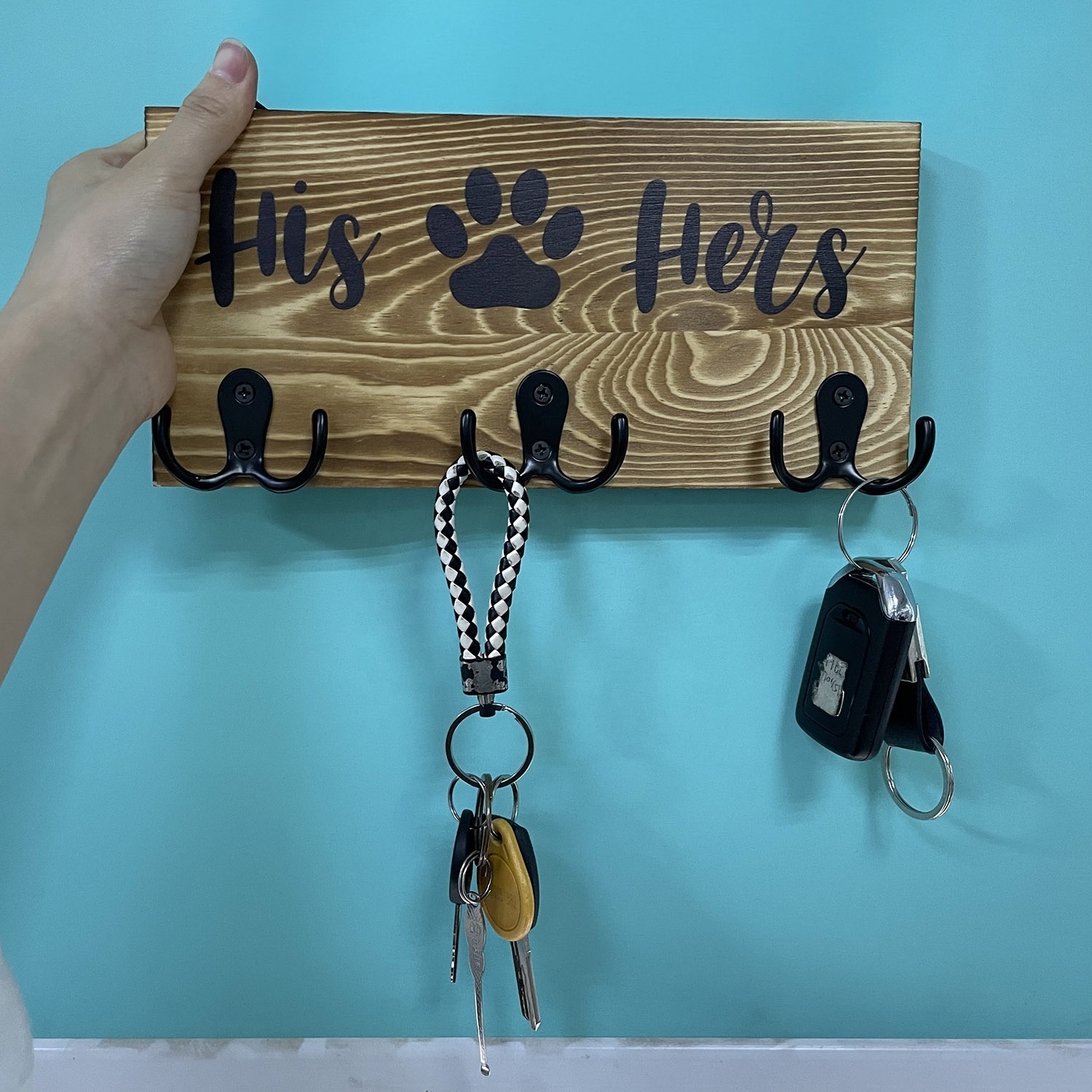 Rustic Wall Mounted Wood Dog Leash hook His Hers Paws Key Holder Hanger