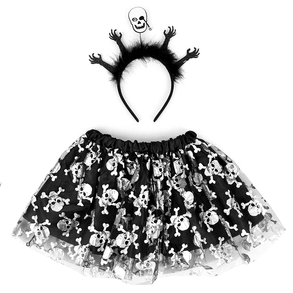 kids season costume skirt 2pck tutu skirt and black skull headband Halloween costume kits