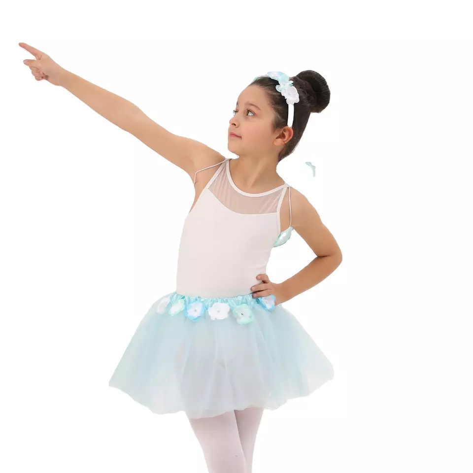 Kids Cyan Mesh Birthday Half Body Prom Skirt Waist Floral Ribbon Tutu Skirt Wings Carniral Wholesale Fairy Skirt Costume