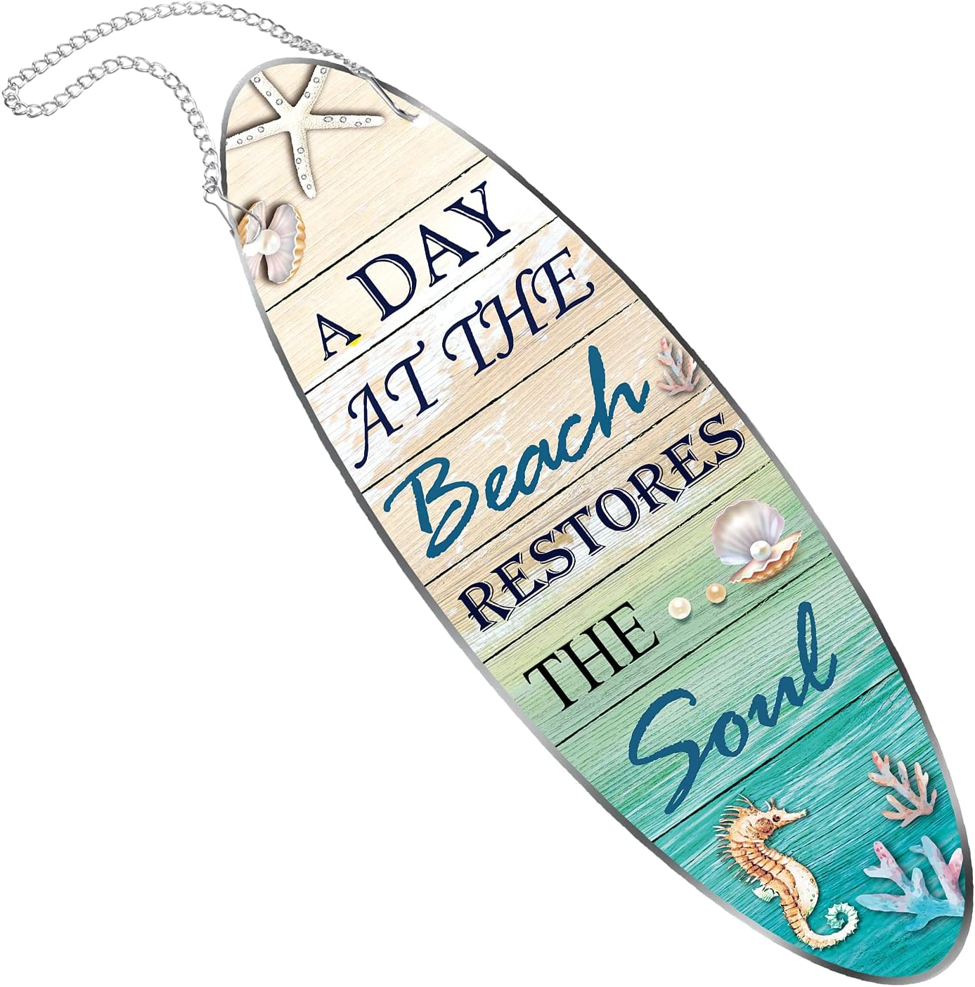 Pafu Metal Surfboard Wall Sign A Day at the Beach Restores the Soul Plaque Home Door Outdoor Hanging Decoration