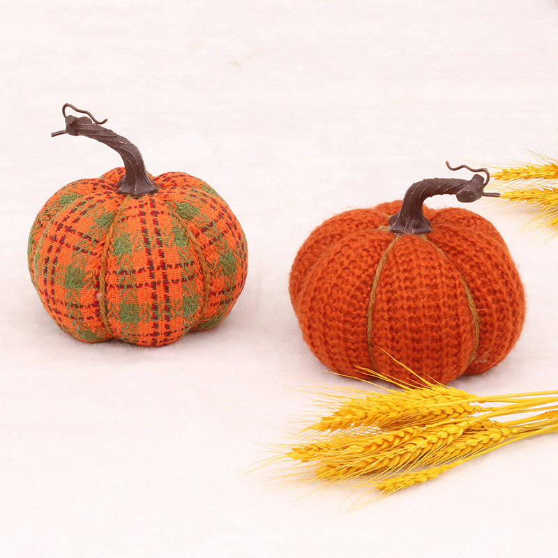 Pafu Harvest Festival Home Decorative Felt Pumpkin Thanksgiving Orange Check Fabric Stuffed Pumpkin Decorations