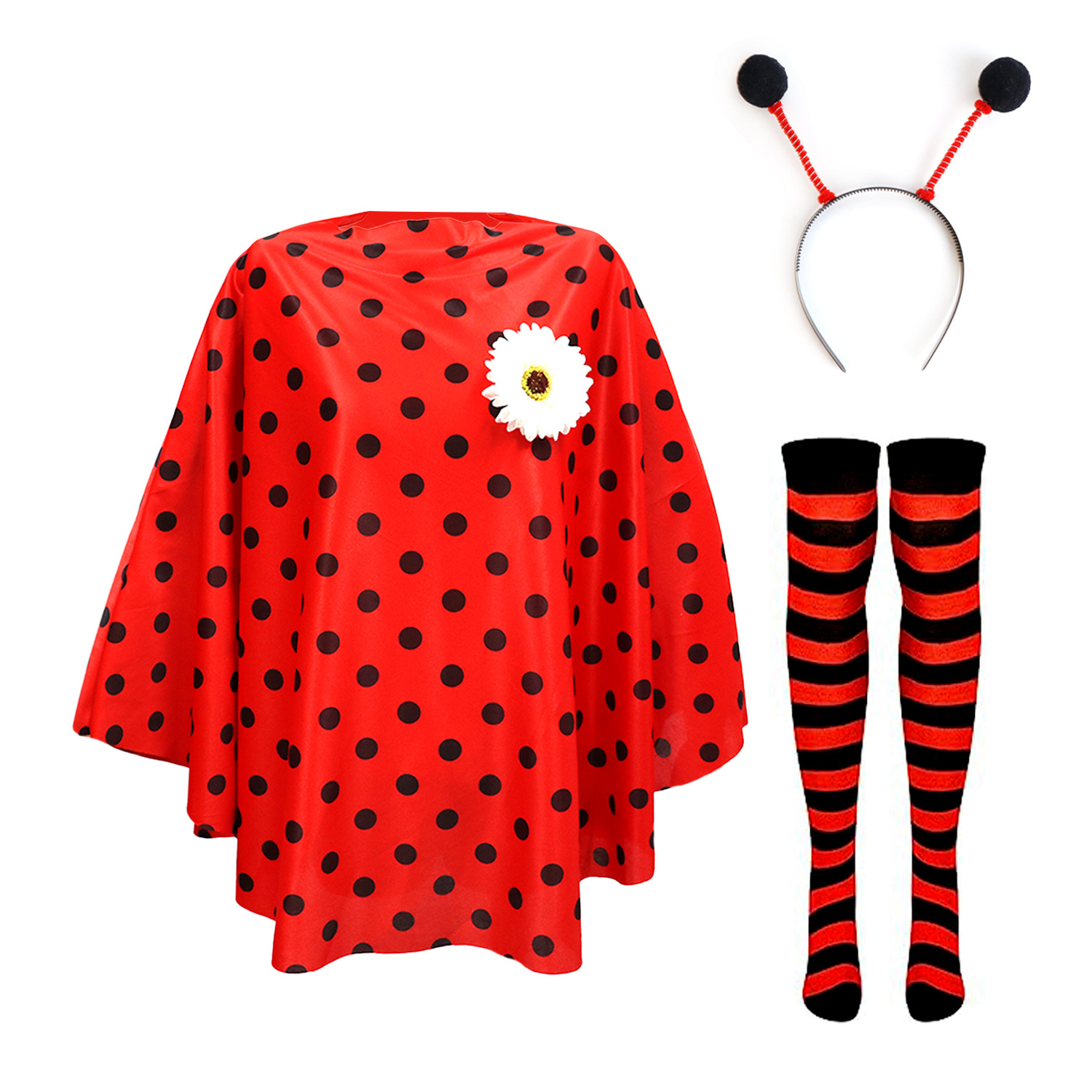 Pafu Halloween Cosplay Party Decoration Halloween Women Ladybug Costume Dress Poncho Headband Socks Ladybug Costume Set