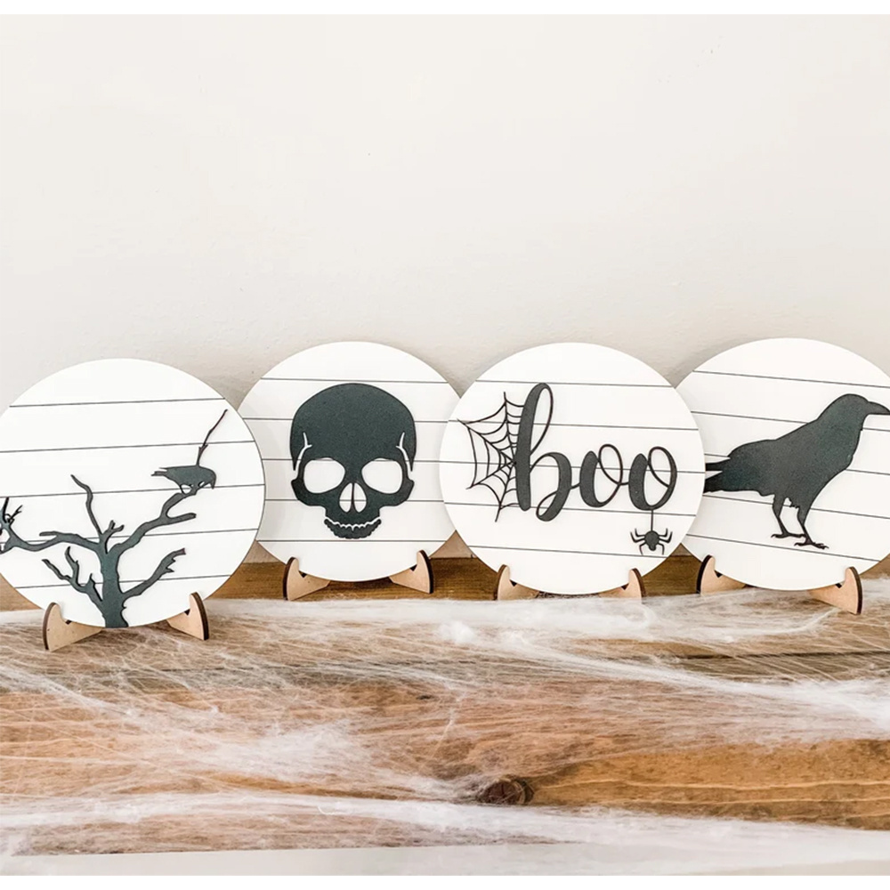 Low Moq Halloween Party Mini Round Signs Rustic Tier Tray Decor 3D Laser Spider Web Bat Table Wood Decorations