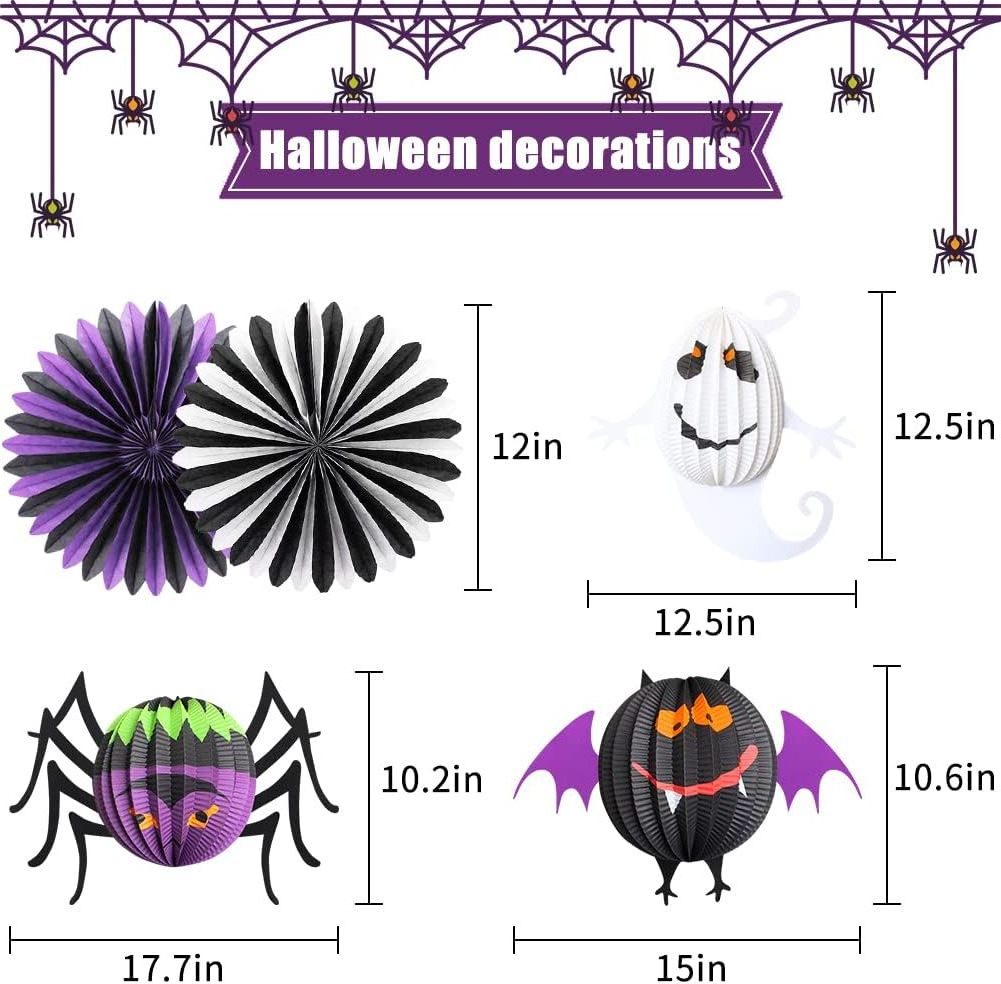 Pafu Halloween Party Decorations Hanging Spider Bat Paper Lantern Halloween Honeycomb Paper Fan Props Supplies