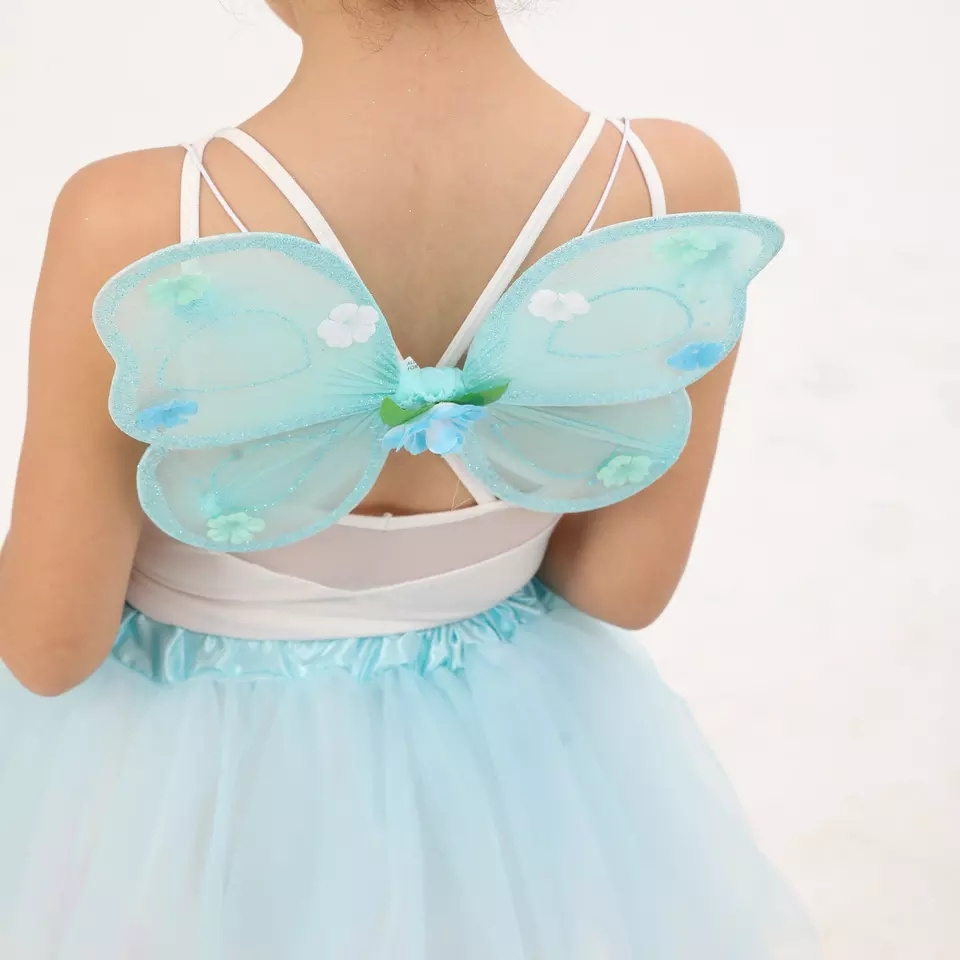 Kids Cyan Mesh Birthday Half Body Prom Skirt Waist Floral Ribbon Tutu Skirt Wings Carniral Wholesale Fairy Skirt Costume