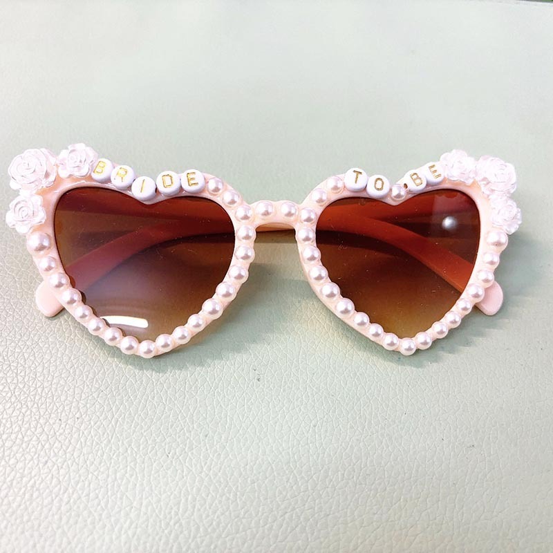 Pafu Encrusted Bride to be Sunglasses Bachelorette & Hen Party Flower Pearl and Ivory Heart Shaped Glasses