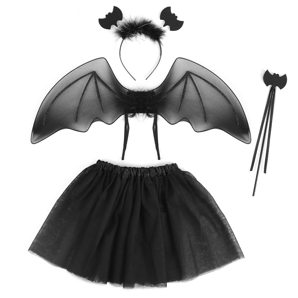 Halloween Party Dress up Kids Bat Headband with Feather Black Wing Fairy Bow Wand Decoration