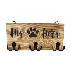 Rustic Wall Mounted Wood Dog Leash hook His Hers Paws Key Holder Hanger