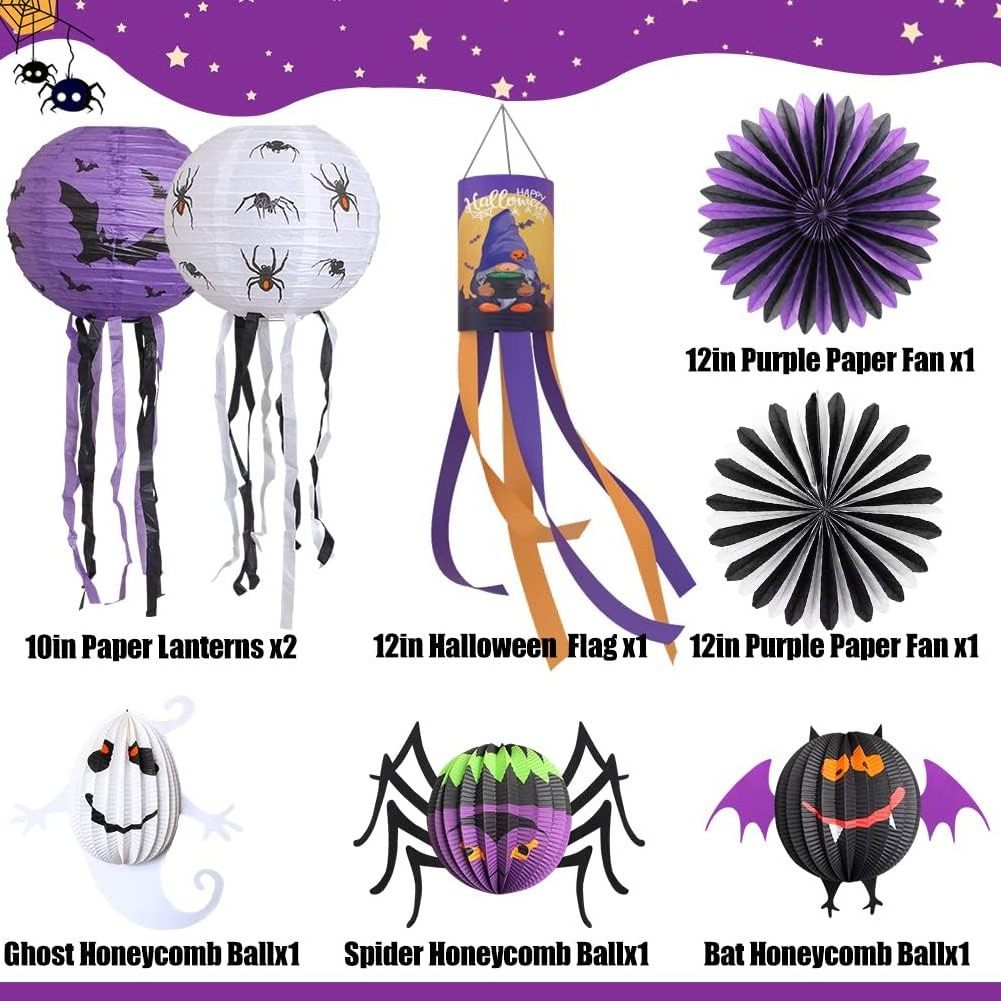 Pafu Halloween Party Decorations Hanging Spider Bat Paper Lantern Halloween Honeycomb Paper Fan Props Supplies