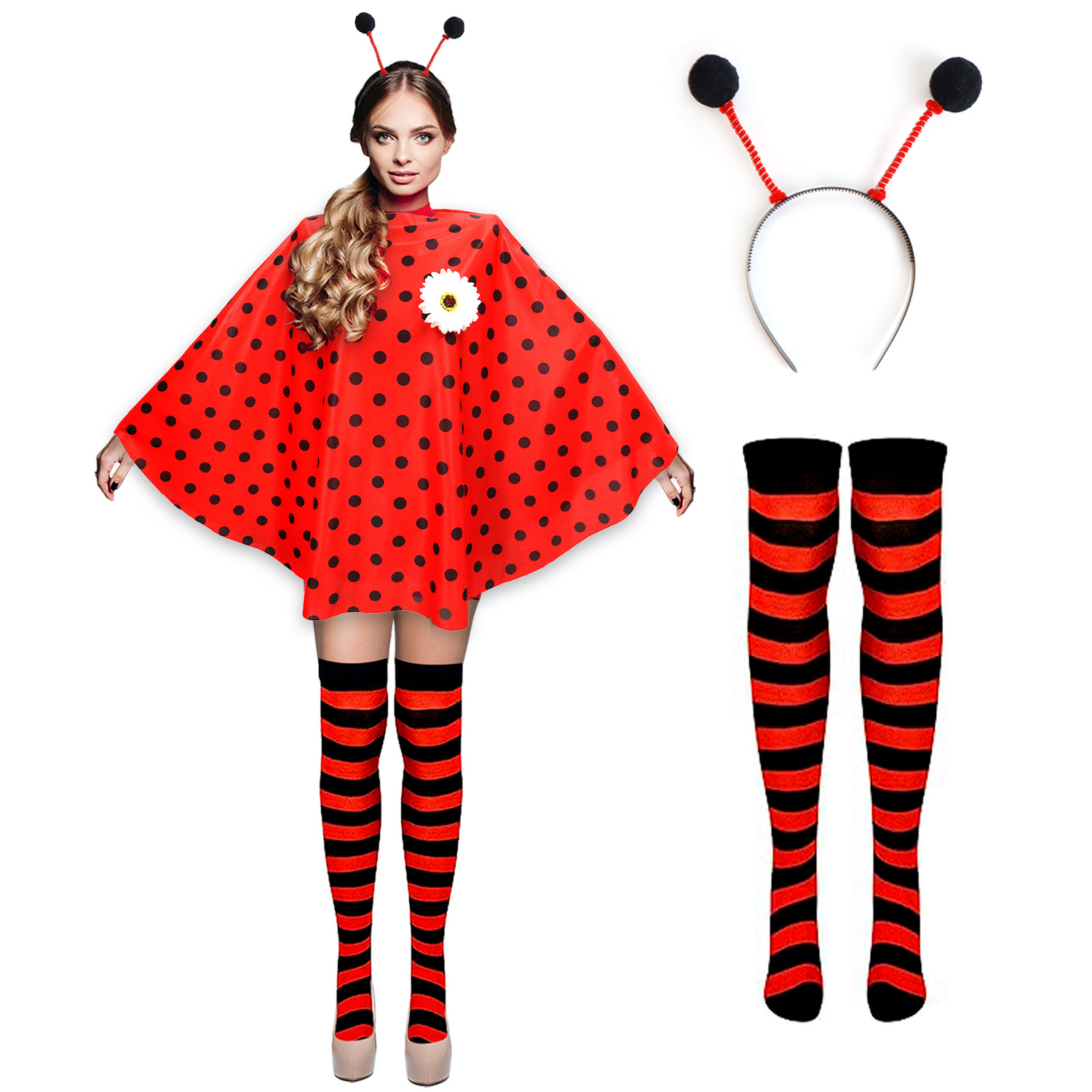 Pafu Halloween Cosplay Party Decoration Halloween Women Ladybug Costume Dress Poncho Headband Socks Ladybug Costume Set