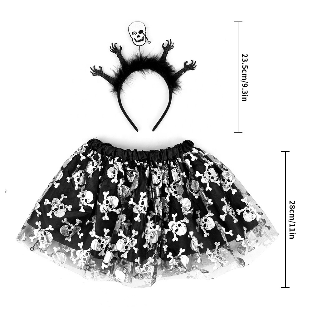 kids season costume skirt 2pck tutu skirt and black skull headband Halloween costume kits