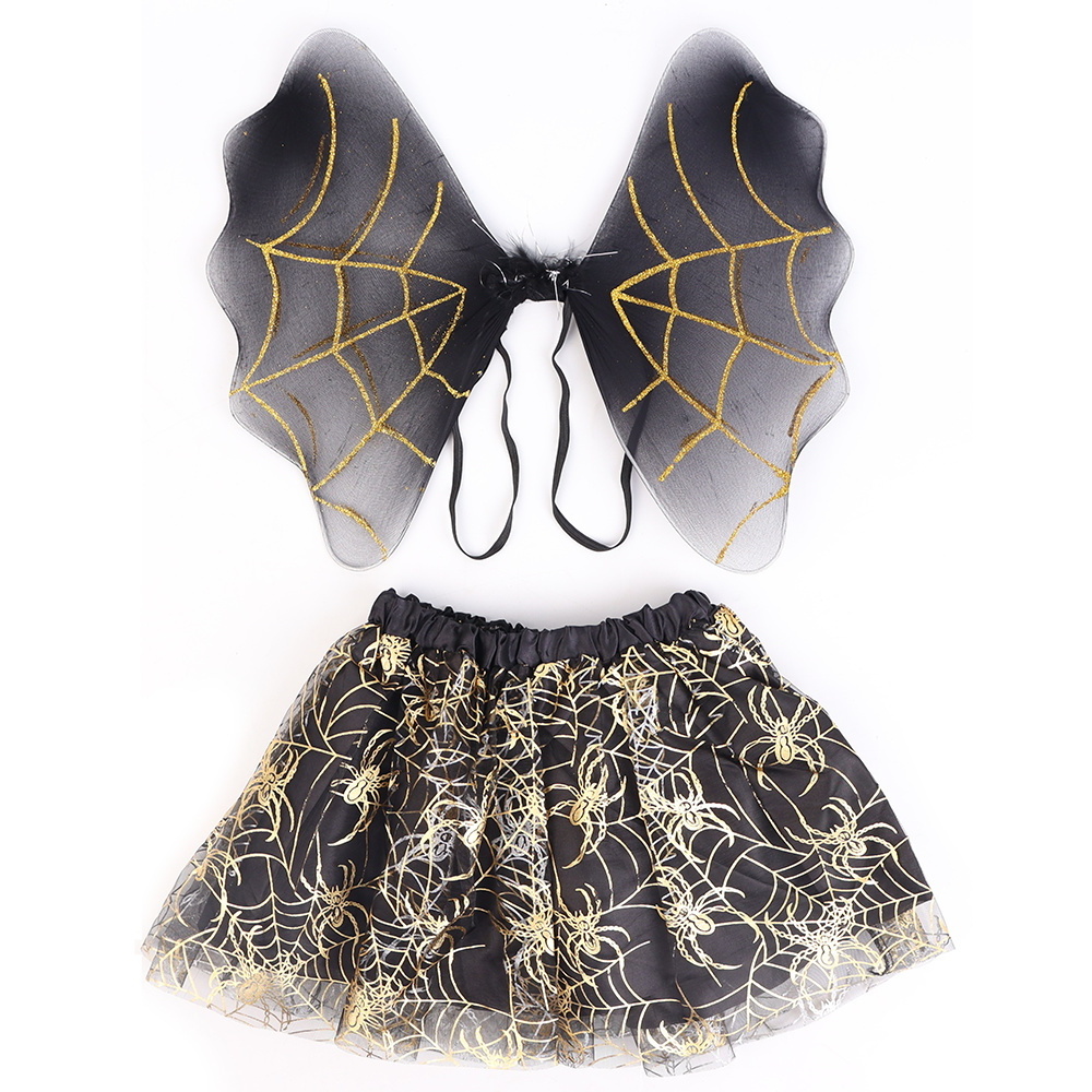 3pck Halloween Spider Costume Set Spider Wings Skirt Set with Headband Halloween Black & Gold Spider WebsDress up Cosplay