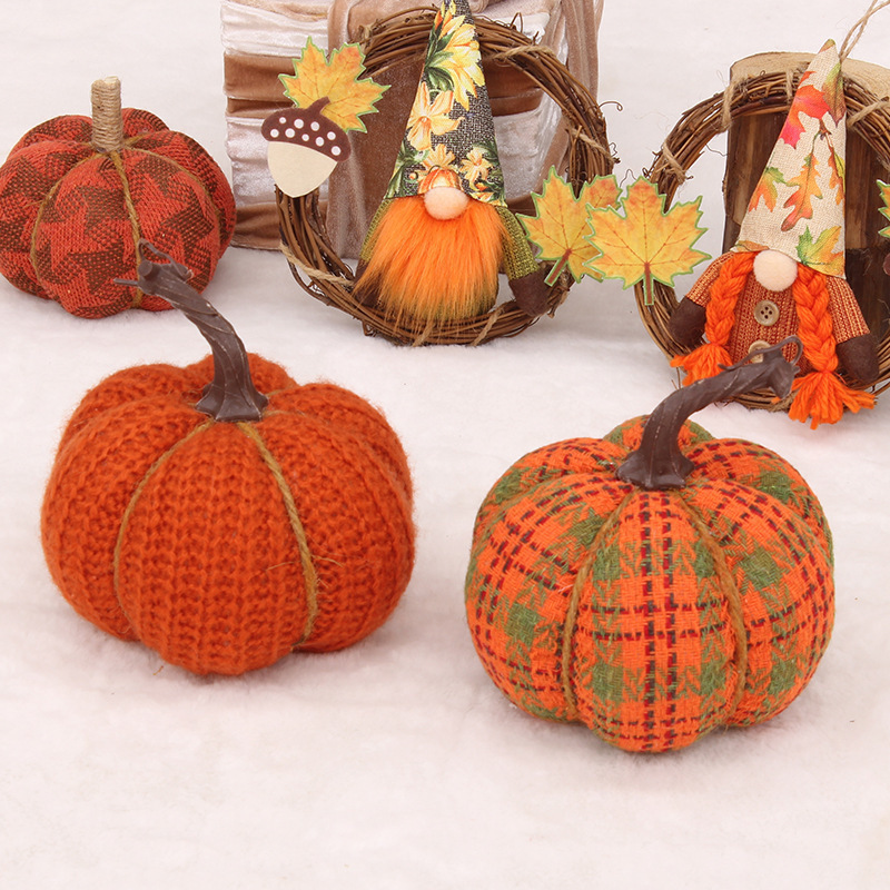 Pafu Harvest Festival Home Decorative Felt Pumpkin Thanksgiving Orange Check Fabric Stuffed Pumpkin Decorations