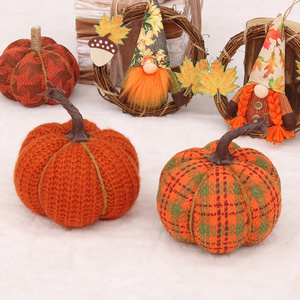 Pafu Harvest Festival Home Decorative Felt Pumpkin Thanksgiving Orange Check Fabric Stuffed Pumpkin Decorations