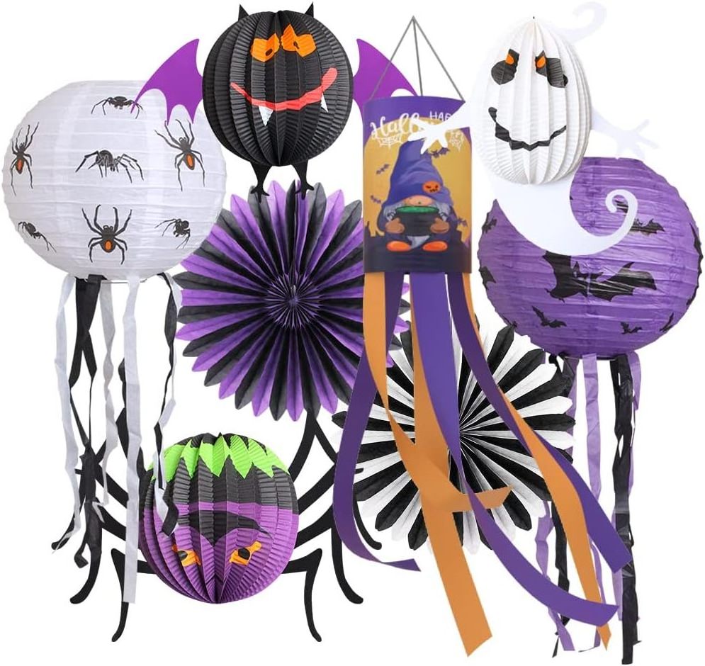 Pafu Halloween Party Decorations Hanging Spider Bat Paper Lantern Halloween Honeycomb Paper Fan Props Supplies