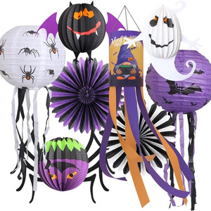 Pafu Halloween Party Decorations Hanging Spider Bat Paper Lantern Halloween Honeycomb Paper Fan Props Supplies